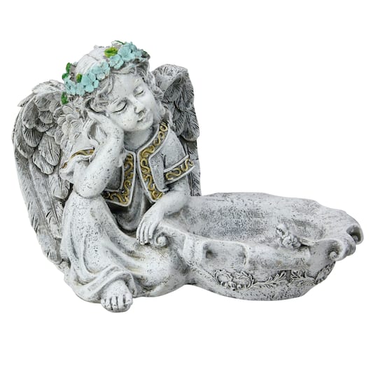 10" Gray Resting Angel Bird Feeder Garden Statue